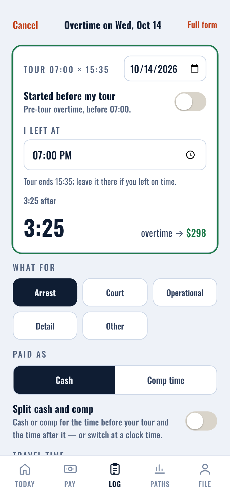 Held over: date, time left, what for, cash or comp