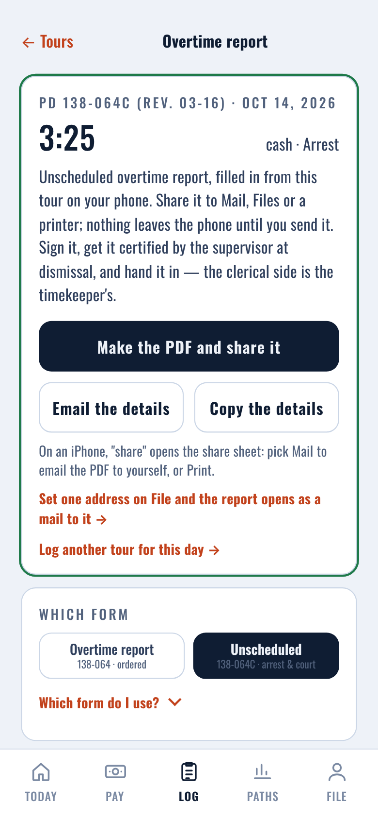 Overtime report screen with the member's details and Make the PDF